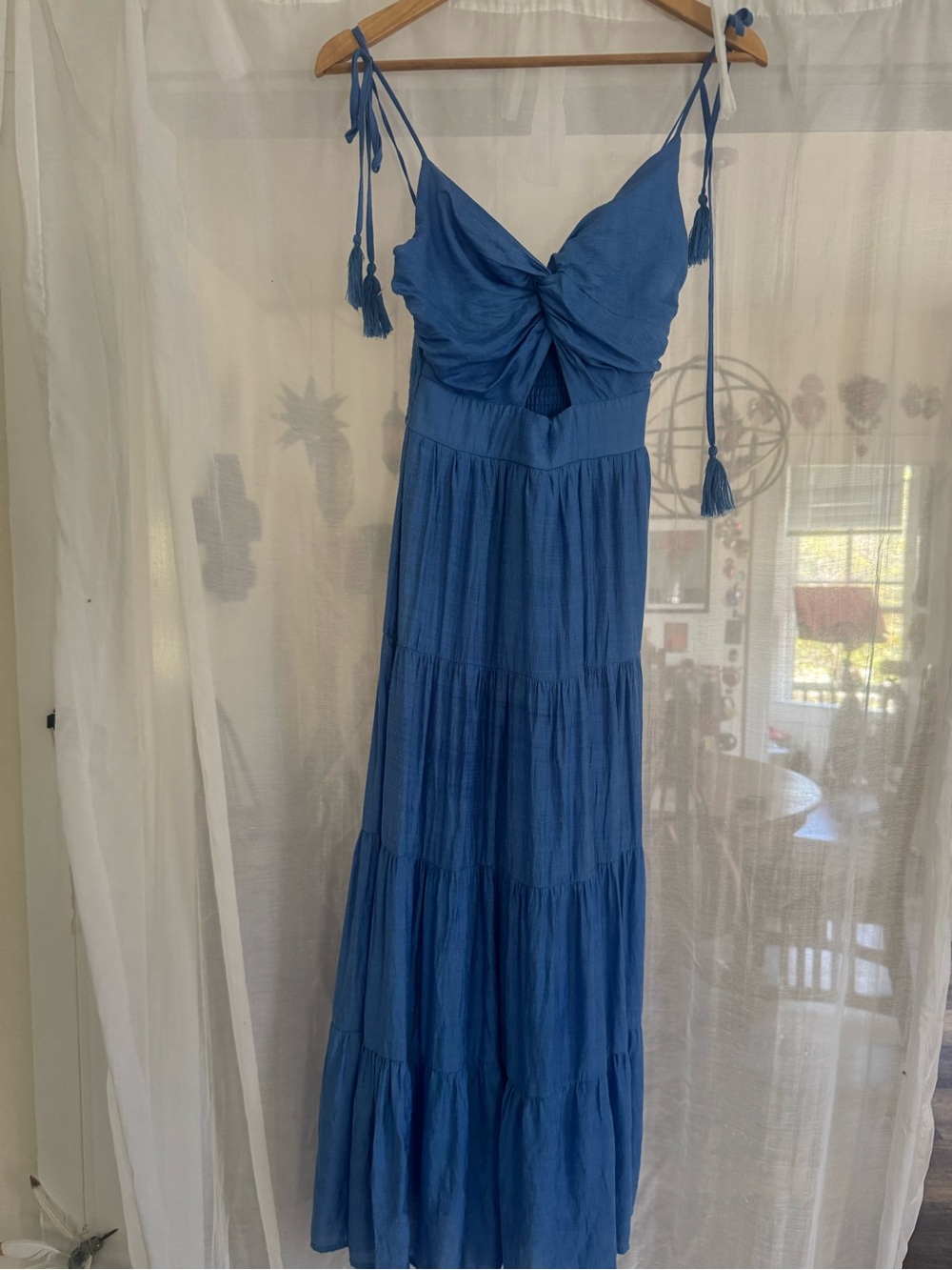 Vici Blue Tie-Shoulder Tiered Maxi Dress with cut out